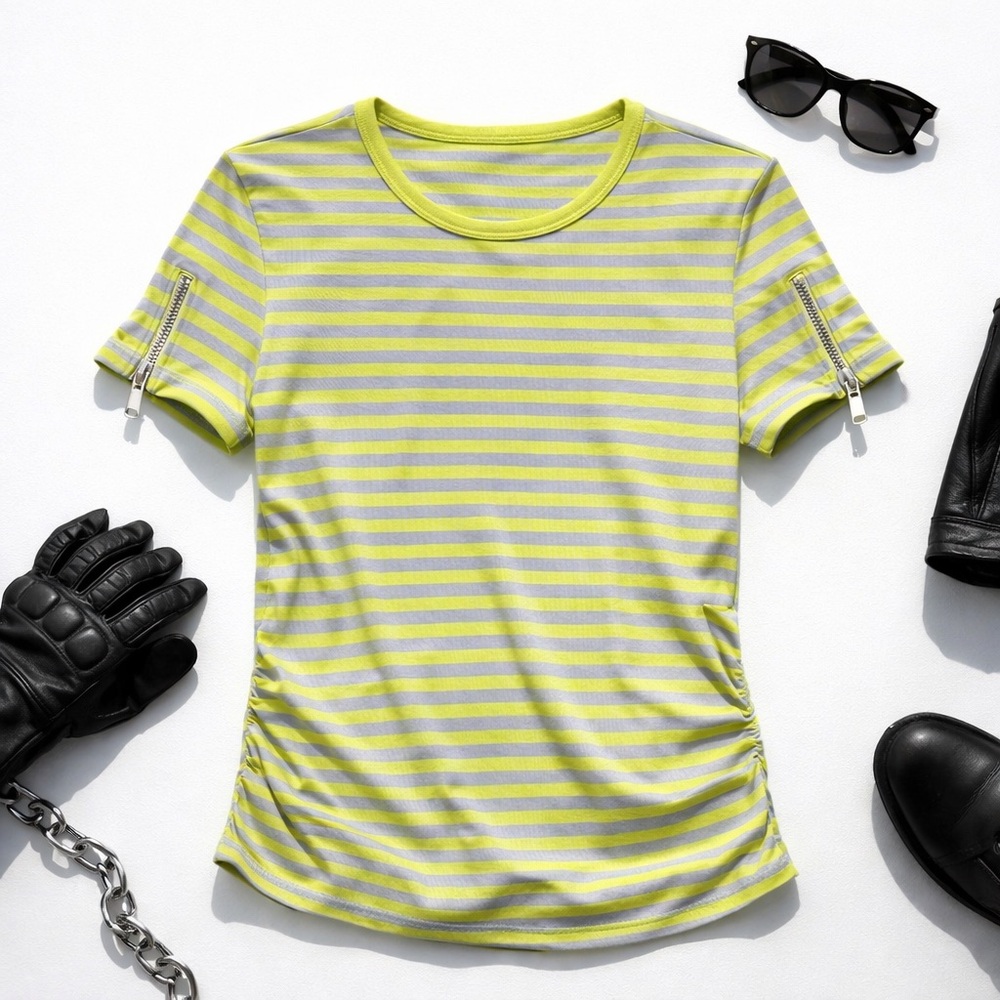 Michael Kors Lime Green & Gray Striped Zip-Sleeve Top – Size M